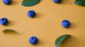 blueberries and green leaves on a yellow background