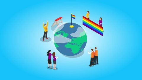 Group animation of young people looks happy while looking at waving rainbow flag on the globe. Cartoon in 4k resolution