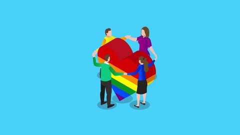 Group animation of lesbian and gay couple holding hands together while surrounding heart symbol with rainbow colors. Cartoon in 4k resolution