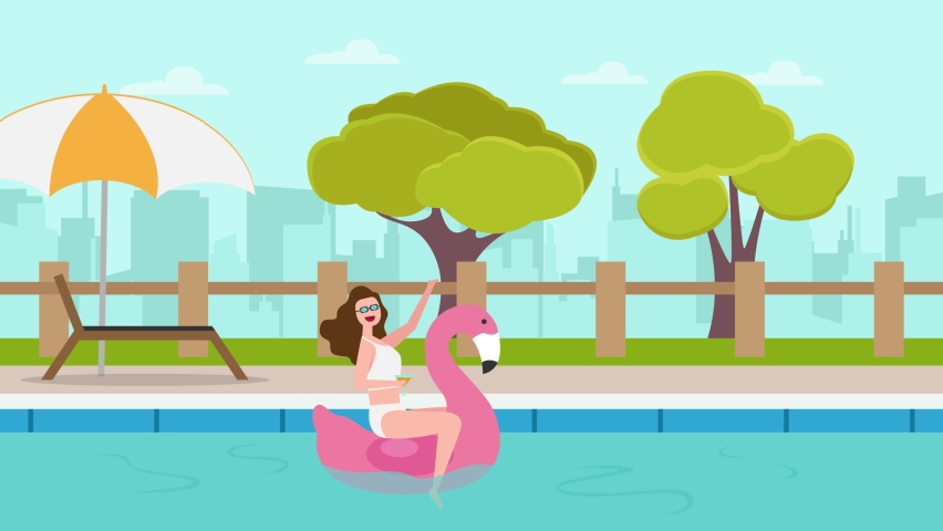 Happy young woman animation enjoying drink while floating on the swimming pool | Shutterstock HD Video #1085593958