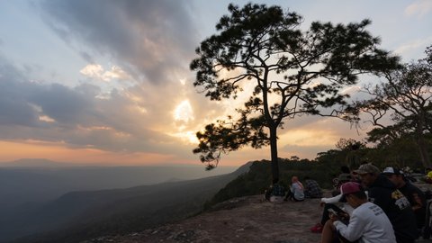 LOEI ,THAILAND - DEC 24, 2021 : Time lapse of tourists looking with a nature view at Mak Dook Cliff (Pha Mak Dook) on Phu Kradueng mountain national park. the famous travel destination.