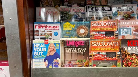 Sacramento, cA, USA January 17th 2022 Assorted magazines for sale at a news stand shelf