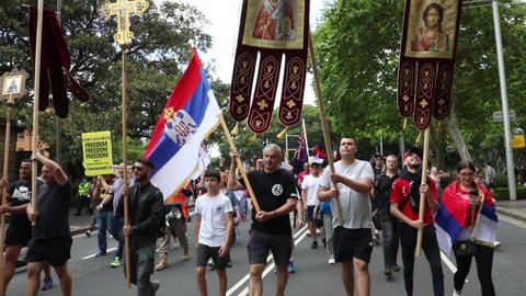 Sydney, Australia - January, 15th 2022: Serbian Australians and supporters march to Channel 7 offices in Martin Place to protest in support of Serbian tennis player Novak Djokovic.