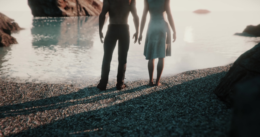 Animation of Couple standing next to the ocean when a giant octopus rise from the horizon Royalty-Free Stock Footage #1085600555