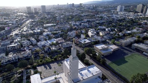 Aerial view of Los Angeles California Temple on Santa Monica Boulevard