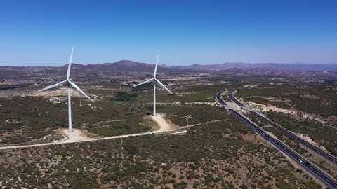 Drone above East County San Diego by large windmills and highway 8 near Campo.