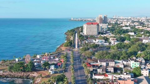 Timelapse of Malecon and obelisk in Juan Baron Plaza at Santo Domingo. Aerial static view