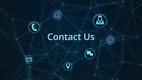 contact us animation with icons, abstract network grid, concept of customer care support, help desk, call center, seamless loop (3d render)