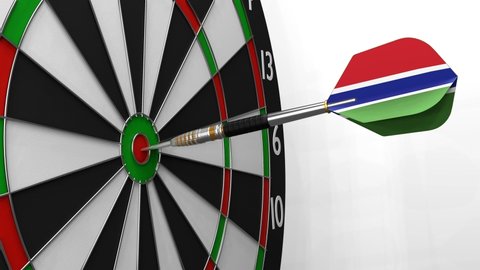 The dart with the image of the flag of Gambia hits exactly the target. Sports or political achievements represented by the animation concept