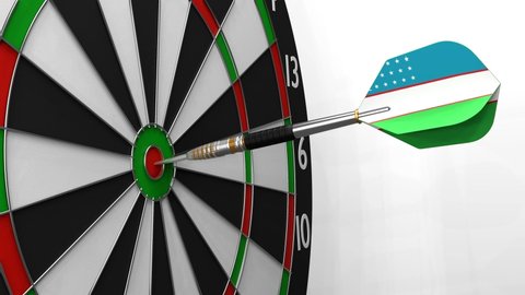 The dart with the image of the flag of Uzbekistan hits exactly the target. Sports or political achievements represented by the animation concept