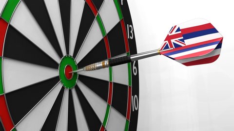 The dart with the image of the flag of Hawaii hits exactly the target. Sports or political achievements represented by the animation concept