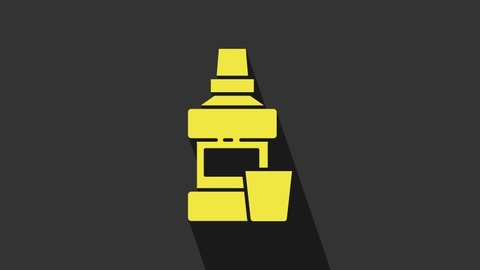 Yellow Mouthwash plastic bottle and glass icon isolated on grey background. Liquid for rinsing mouth. Oralcare equipment. 4K Video motion graphic animation.