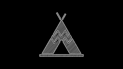 White line Traditional indian teepee or wigwam icon isolated on black background. Indian tent. 4K Video motion graphic animation .