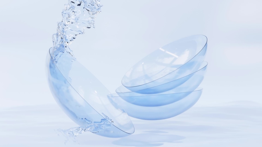 3d animation, contact lenses for eye care in water splash, liquid solution for cleaning blue clear soft lens. Medical equipment for optical vision correction on aqua surface, mockup for package design | Shutterstock HD Video #1085610428