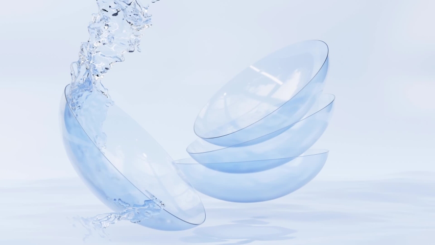 3d animation, contact lenses for eye care in water splash, liquid solution for cleaning blue clear soft lens. Medical equipment for optical vision correction on aqua surface, mockup for package design | Shutterstock HD Video #1085610428