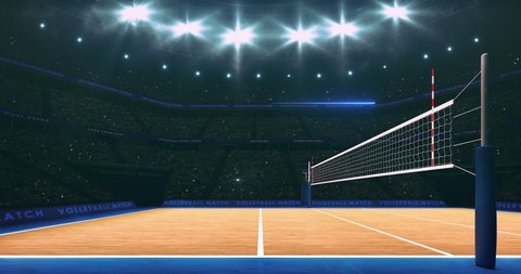 Spotlights shining above the volleyball court and net at side view. Sport arena lighting up in 4k background animation.