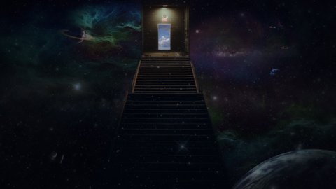 Deep Space Stairway Leading To Heaven Cloudy Sky. Stairway in deep space leading to heavens gate. Cloudy sky portal