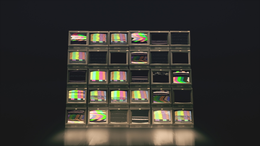 Retro 90s TV Wall. Stack of 30 Vintage Broken TV Turning On Green Screens. Lots of chromakey TVs in a dark room. Color Bars and static. Ready to screen replace Royalty-Free Stock Footage #1085618633