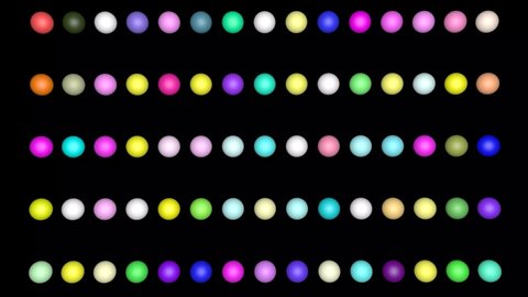 3D animation of multi-colored spheres, on a black background. Abstract retro background.