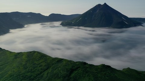 Incredible foggy hyperlapse of Onekotan volcanic island