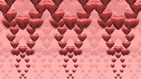 Valentines day background. Red heart shapes gyrate on the pink background. Loopable. 3D rendering.
