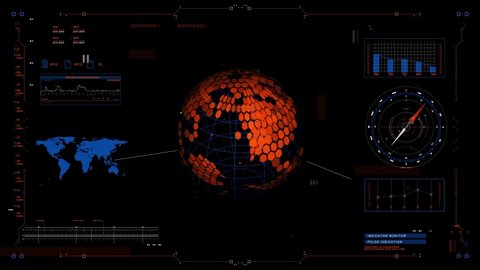 3D Blue and orange digital HUD Earth world information scanning hologram user interface background. Military and Space technology concept. Futuristic environment and economic.
