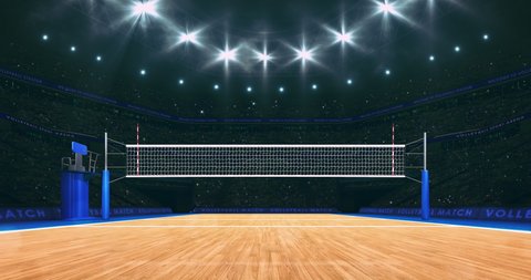 Volleyball court and front player's view of the net. Sport arena as 4k background animation in endless loop.
