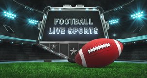 Rolling American football ball and steel shield with empty space for advertisement text. Green grass field and illuminated sport arena with light flashes. Two 4K video parts of loopable sport intro.