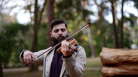 a classical musician plays the violin in a city park.