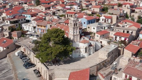 Church of Holy Cross, Pano Lefkara close Up aerial view. Traditional Cyprus village