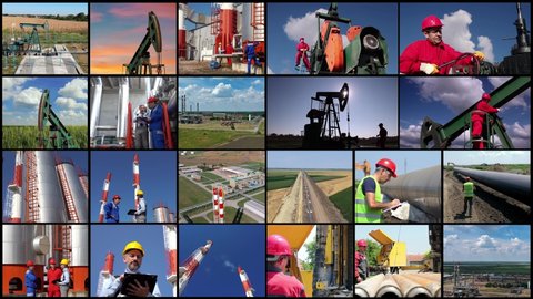 Oil And Gas Exploration And Production Conceptual Video Wall. Crude Oil Extraction And Refining. Oil Refinery Workers At Work. Natural Gas Processing Plant. Oilfield Pump Jack Pumping Oil. 