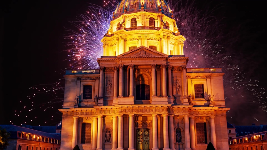 Celebratory colorful fireworks over the Les Invalides (The National Residence of the Invalids) at night. Paris, France | Shutterstock HD Video #1085640413