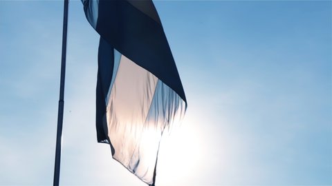 Flag of Argentina on a Flagpole Against a Blue Sky and Sun in San Martin Square (Plaza General San Martin) in Retiro, Buenos Aires, Argentina. 4K Resolution.