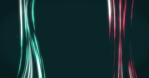 Streak light animation. Loop glowing streaks on dark green background. Banner concept. Shining particles flying.