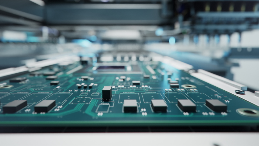 Macro Shot of Automatic Pick and Place machine quickly installs Components on Circuit Board. While board moving through Assembly Line. Electronics and Circuit board Manufacturing Factory. | Shutterstock HD Video #1085642600