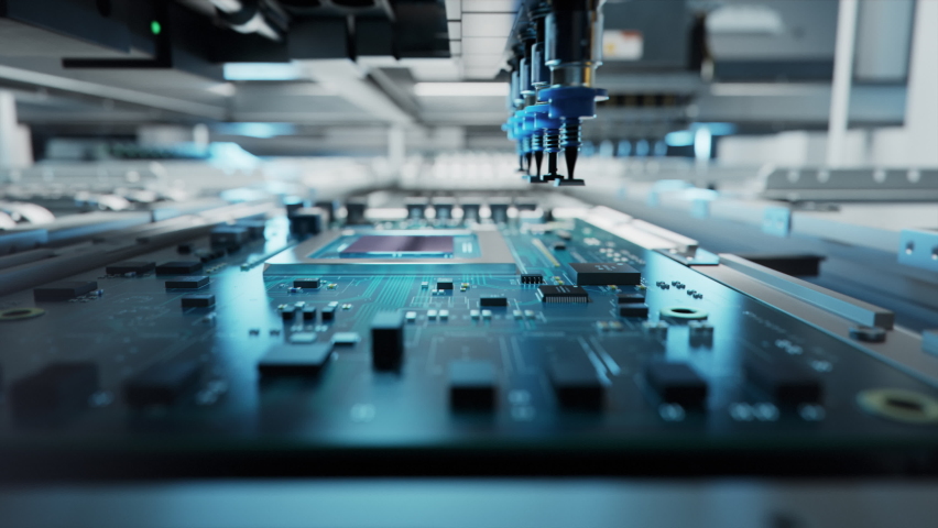 Macro Shot of Automatic Pick and Place machine quickly installs Components on Circuit Board. While board moving through Assembly Line. Electronics and Circuit board Manufacturing Factory. Royalty-Free Stock Footage #1085642600