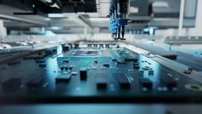 Macro Shot of Automatic Pick and Place machine quickly installs Components on Circuit Board. While board moving through Assembly Line. Electronics and Circuit board Manufacturing Factory. - Powered by Shutterstock - Get 15% off with code: PIKWIZARD15