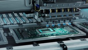 Timelapse. Automatic Pick and Place machine installs Components on Circuit Board. Assebly Line on Electronics and Circuit board Manufacturing Factory. - Powered by Shutterstock - Get 15% off with code: PIKWIZARD15