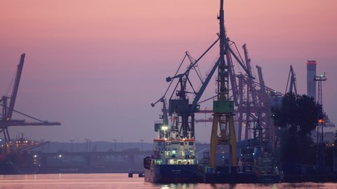 Gdynia, Poland - circa August 2019: Night work in the ports of Gdynia - loading, unloading, repair.