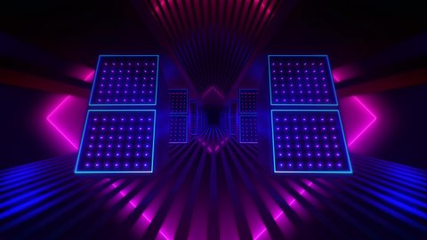 3D abstract dark blue digital speaker and pink neon lightbulb.moving through camera with medium speed. background with glossy grille tunnel perspective.futuristic neon glowing. Loopable.LED.4K 