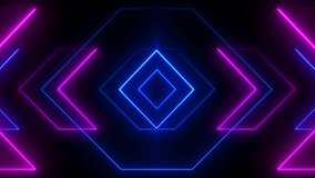 abstract digital geometric neon glow pink and blue square and lines  symmetry.arrow line waves moving separate from center.Modern background. motion design. Loopable.LED.4K