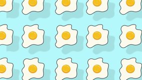 Fried Eggs Pattern on blue background. Animation of Seamless Egg Rotating with shadows. Health Food Abstract Motion Video