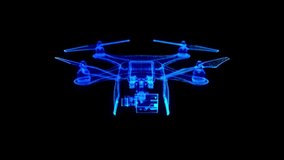 Digital low poly 3d drone. Abstract quadcopter with camera. Abstract mesh art with lines, dots and particles.