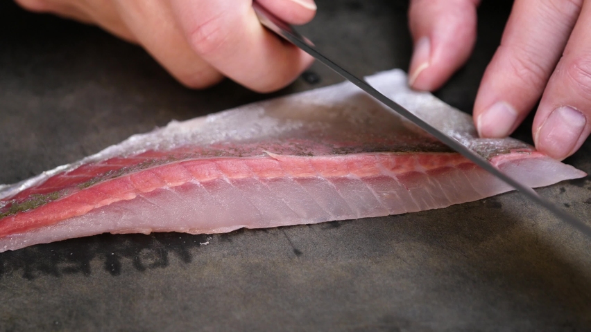 Fresh mackerel (shima aij) sashimi. Video to slice with a kitchen knife. | Shutterstock HD Video #1085658290