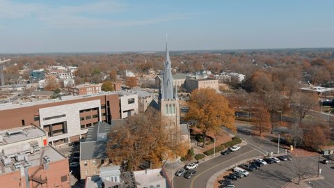 Aerial Orbit Of Trinity United Methodist Church In Fall, Durham USA