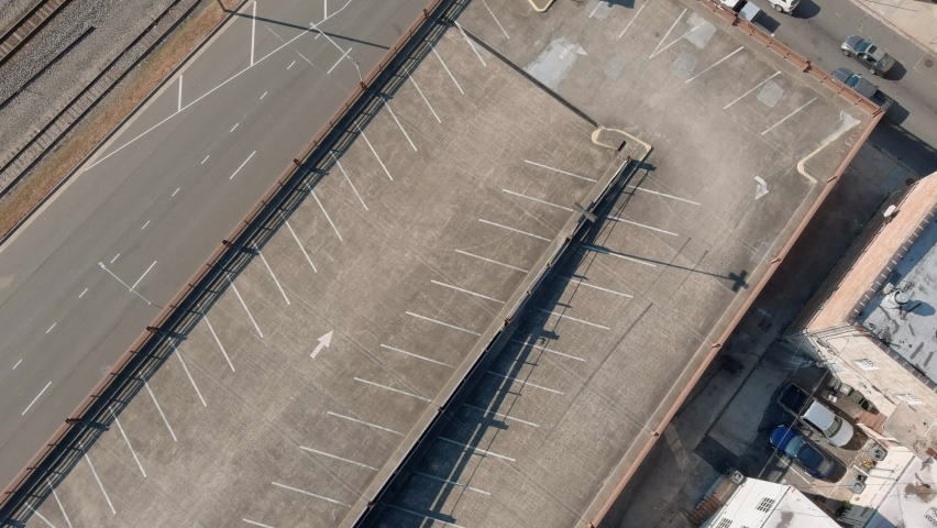 Aerial Above Desolated Downtown Carpark In Durham, North Carolina USA