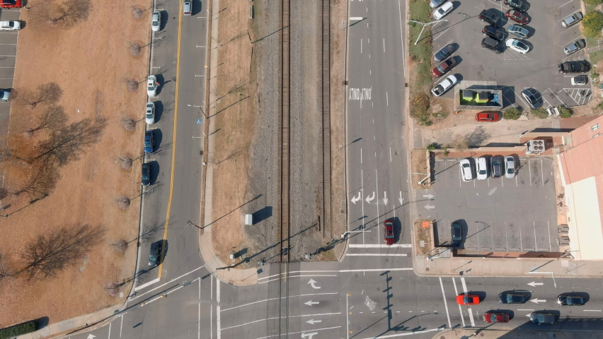 Aerial Above Historic Railway In Central Durham, North Carolina USA