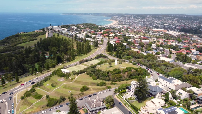 Aerial Drone view of Bar Beach Merewether rural houses roads Cooks Hill Park Newcastle tourism Pacific Ocean NSW Australia 4K