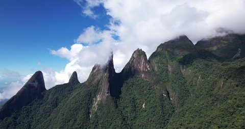 Serra dos Orgaos mountain range and famous Brazil peaks in Teresopolis near Rio de Janeiro. Aerial of national park mountaineering landscape