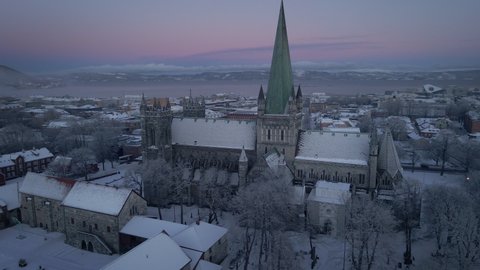 Aerial View Of Nidaros Cathedral During Winter In Trondheim, Norway - drone shot